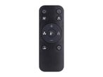 Black remote control with various function buttons on a white background