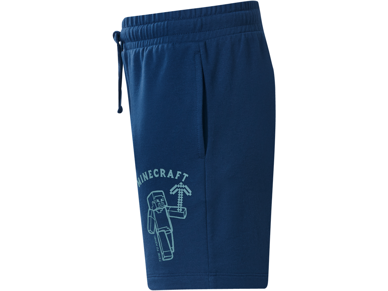 Μπλε σορτς με θέμα Minecraft, που απεικονίζει τον Steve με αξίνα και τη φράση 'TIME TO MINE!'