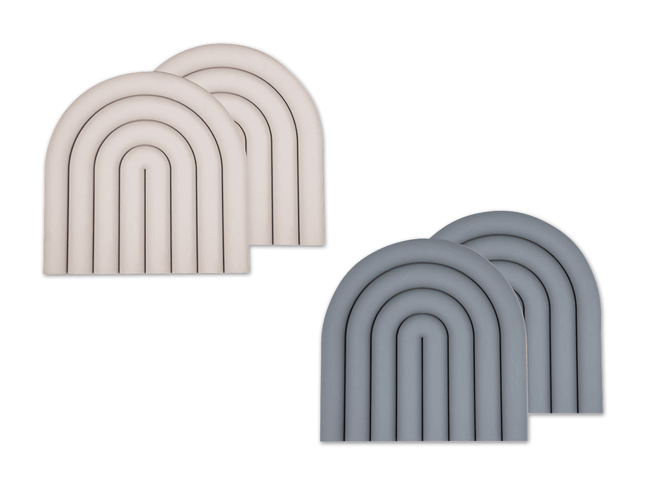 Zwei Paare stilvoller, halbkreisförmiger Deko-Objekte in Beige und Grau.