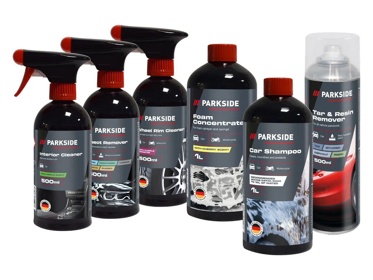 Šest boca sredstava za čišćenje automobila, uključujući sredstvo za čišćenje unutrašnjosti, sredstvo za uklanjanje insekata, sredstvo za čišćenje naplataka, koncentrat pjene, šampon za automobile i sredstvo za uklanjanje katrana i smole.