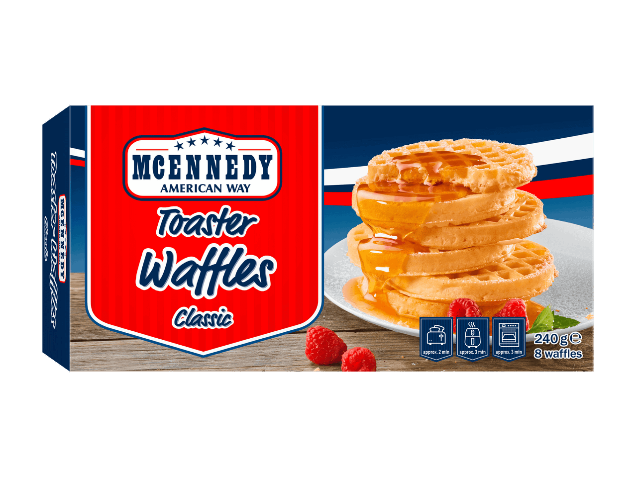 Packung klassischer Toaster-Waffeln mit einem Stapel Waffeln, übergossen mit Sirup und Himbeeren.