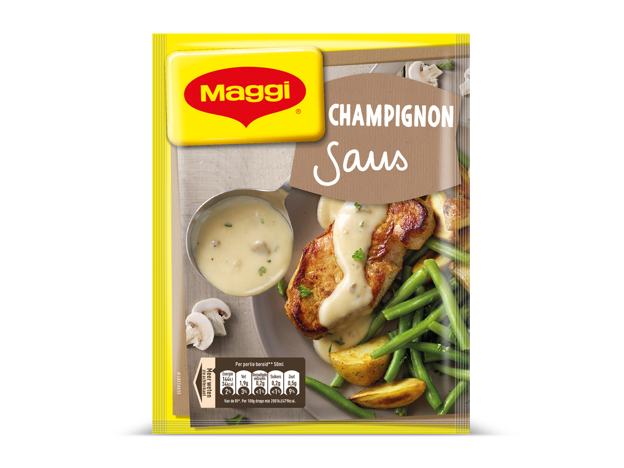 Verpakking voor champignon saus met een afbeelding van kip, aardappelen en sperziebonen.