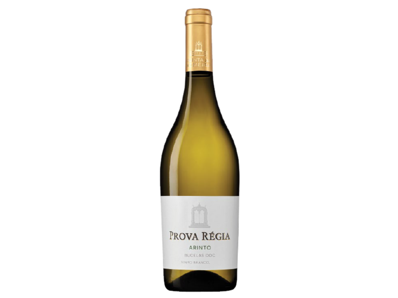 Garrafa de vinho branco com rótulo branco e dourado, com a inscrição 'PROVA RÉGIA ARINTO BUCELAS DOC VINHO BRANCO'.