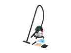 Wet and dry vacuum cleaner with accessories including hose, nozzle, and filters.