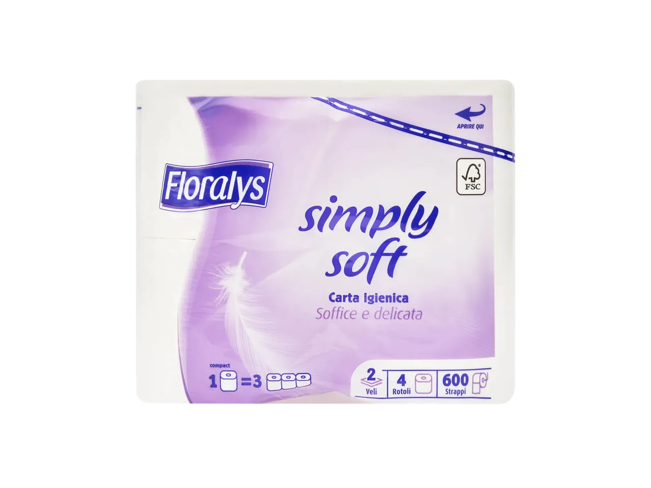 Carta igienica Floralys Simply Soft: 4 rotoli, 600 fogli.
