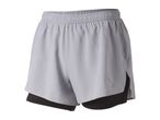 Light grey men's running shorts with black inner shorts and an elastic waistband.