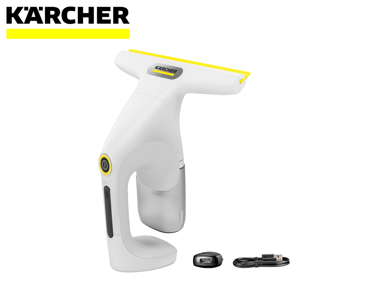 White and yellow window vacuum cleaner with charger and USB cable.