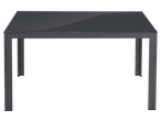 Mesa retangular com tampo de vidro cinzento e estrutura metálica.