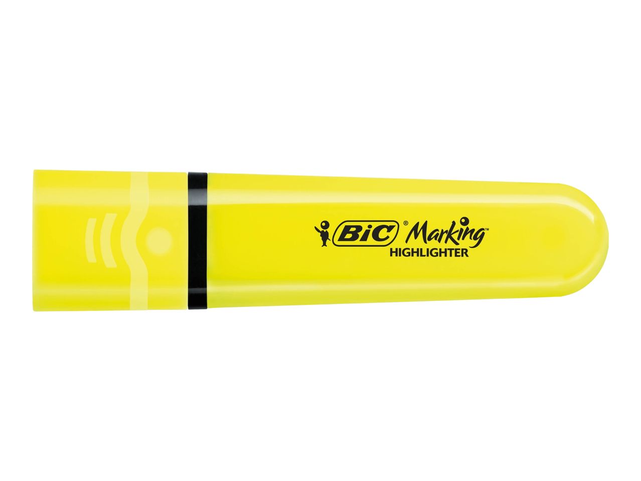 Yellow highlighter with a black band and a logo on the side.