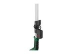 Close-up of a green and black pole pruner with a red button on the handle.