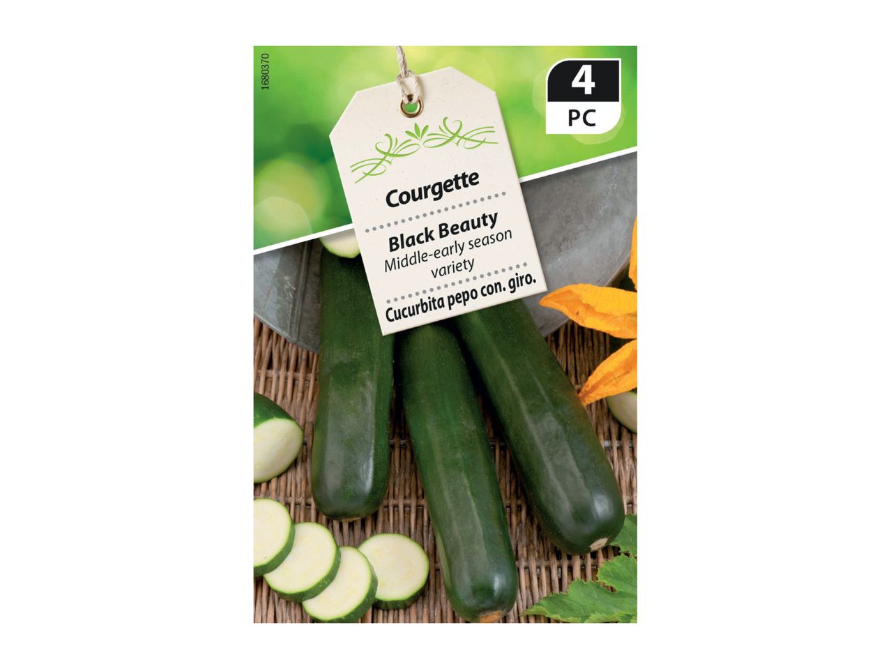 Courgette seed packet for 'Black Beauty' variety, showing four courgettes and slices.