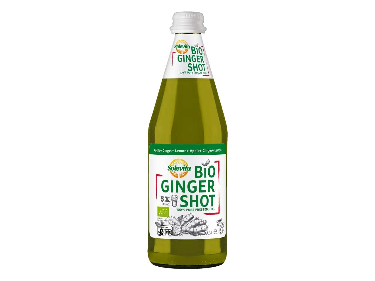 Solevita Bio Ginger Shot: Een 100% puur geperst sap van appel, gember en citroen in een glazen fles.