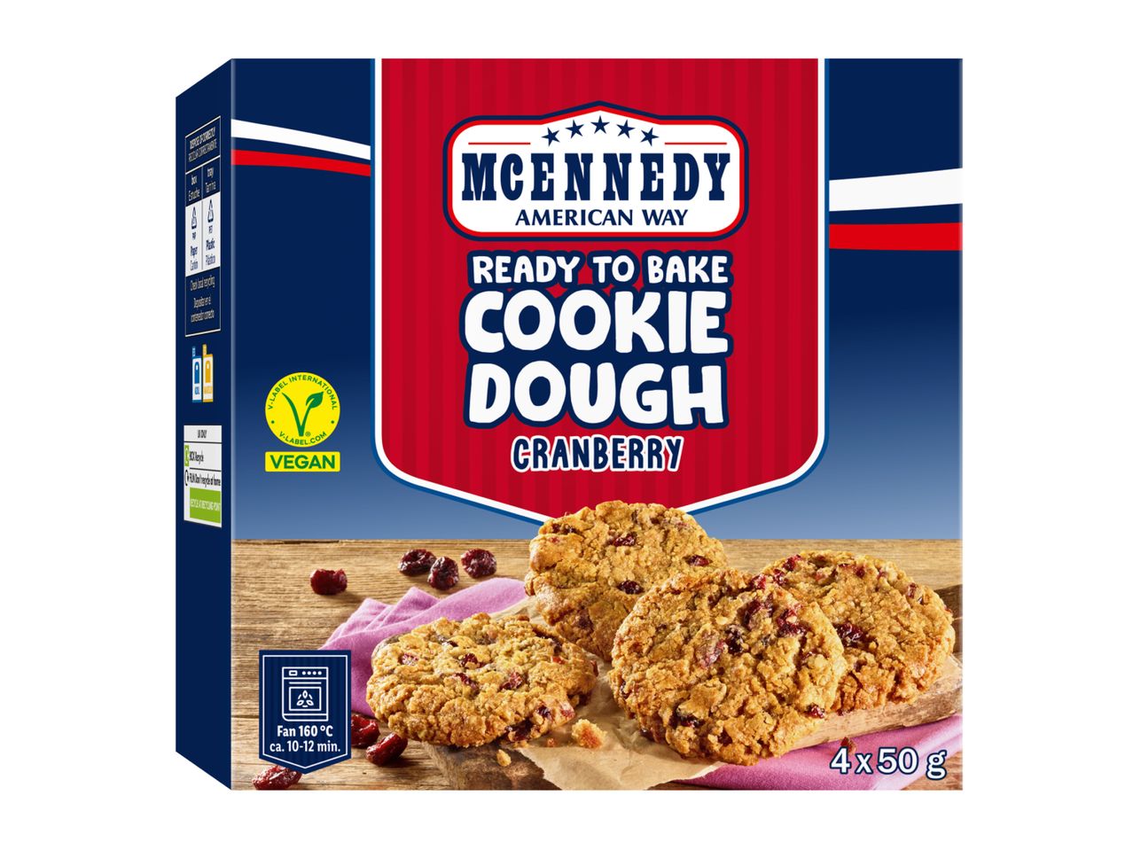 Ready-to-bake cranberry cookie dough box with baked cookies and oven instructions.