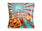 Emballage til arancini med ost og peber, med tilberedningsinstruktioner og vægt på 300g.