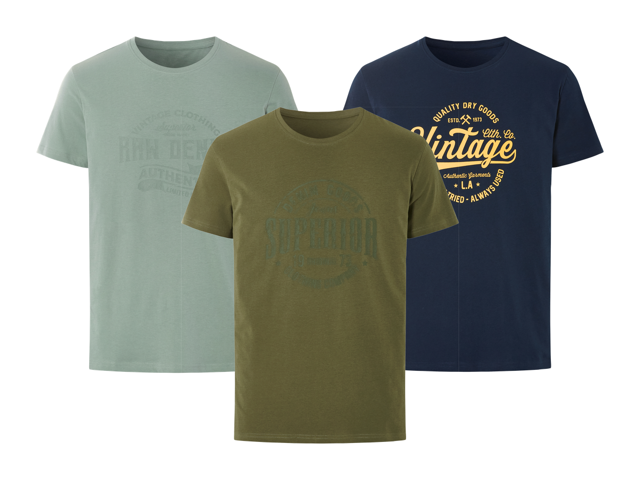 Tri muške majice kratkih rukava: svijetlozelena s natpisom 'VINTAGE CLOTHING', maslinastozelena s natpisom 'SUPERIOR' i tamnoplava s natpisom 'Vintage'.