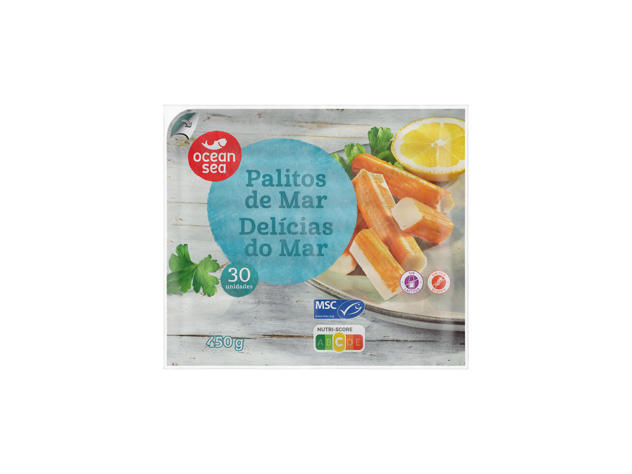 Palitos de mar da marca Ocean Sea (450g, 30 unidades) numa embalagem.