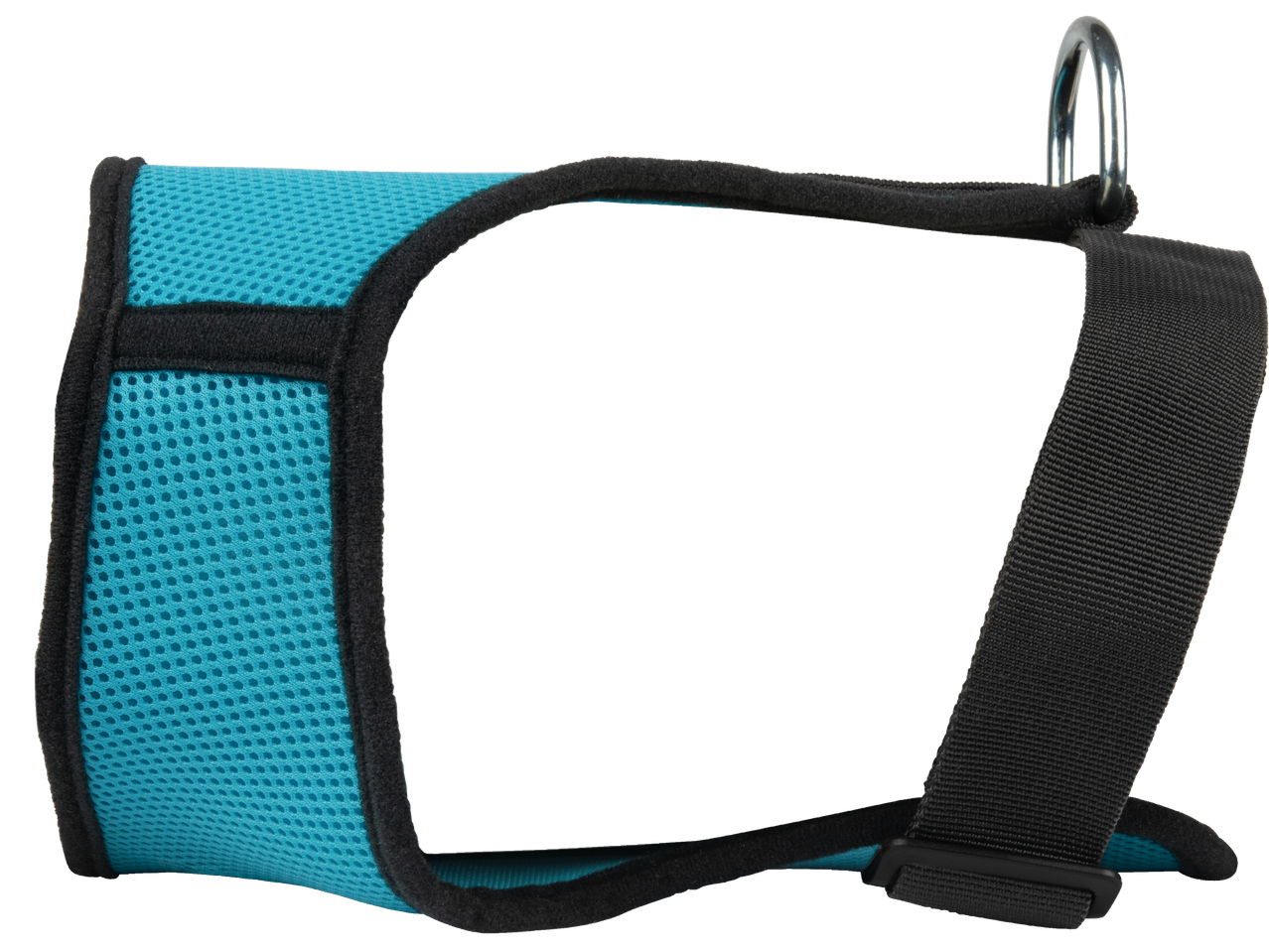A teal and black dog harness with a metal ring.