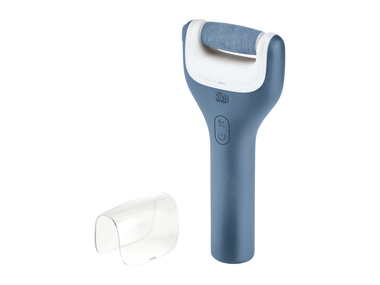 Blue and white electric foot file with a clear protective cover, featuring power and speed buttons.