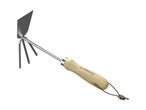 A garden hand hoe with a wooden handle and a brown leather loop.