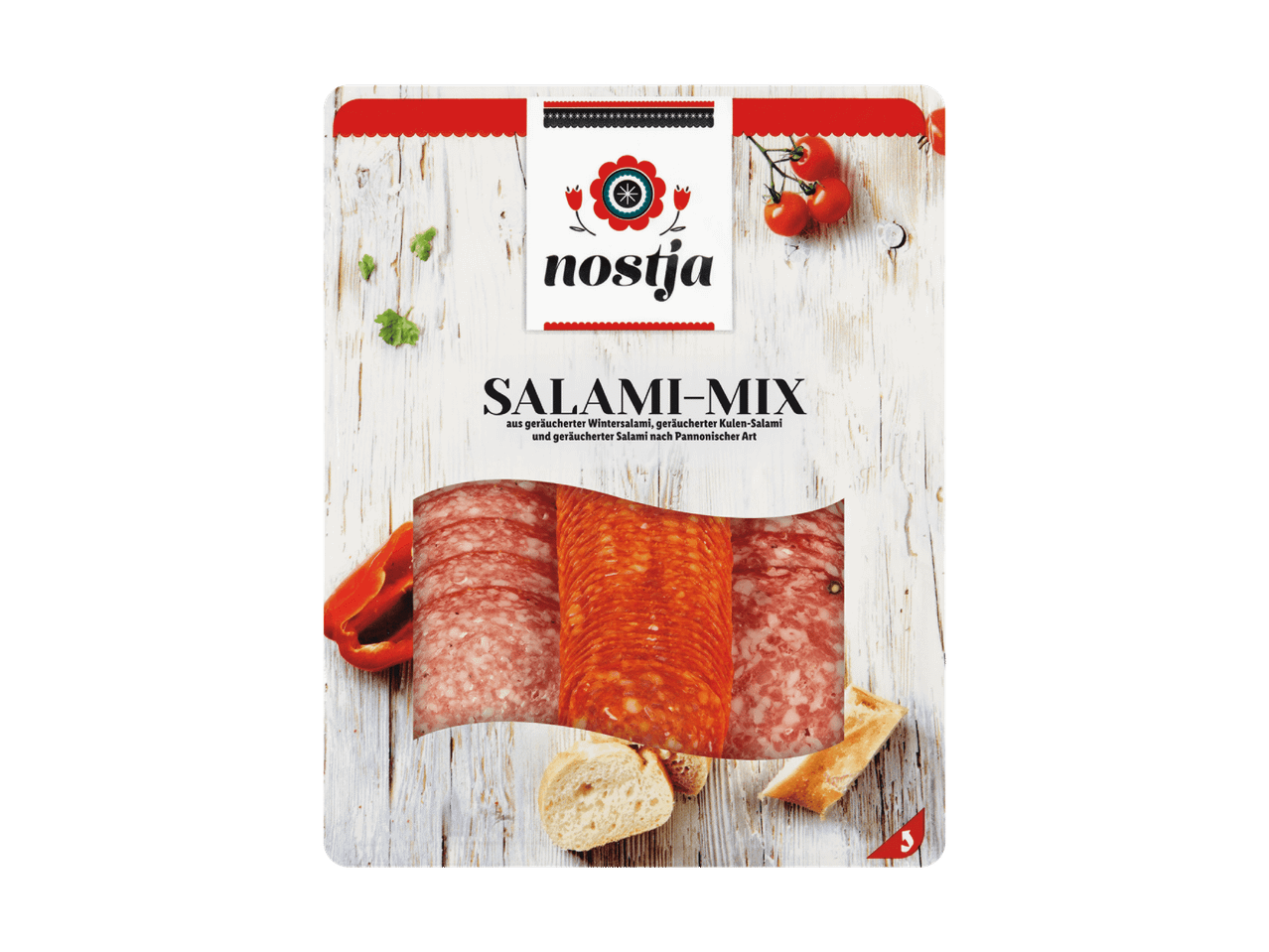 nostja Salami-Mix: Geräucherte Wintersalami, Kulen-Salami und pannonische Salami.