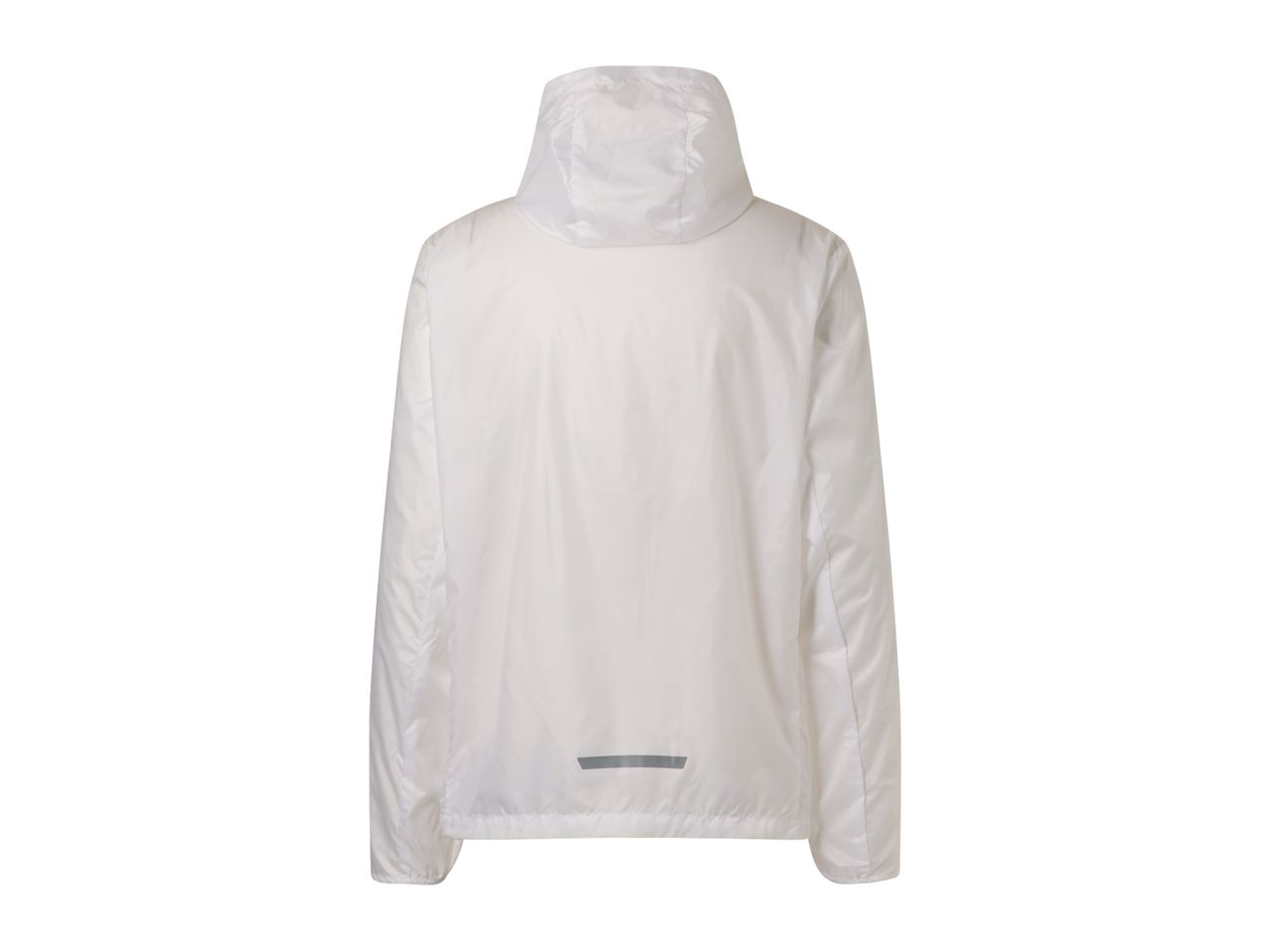 Back view of a white windbreaker jacket with a reflective strip