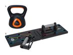 En 10 kg kettlebell og en sammenklappelig push-up board med håndtag.