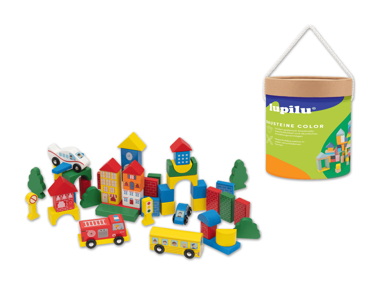 Lupilu Bausteine Color: Holzbausteine in verschiedenen Formen, mit Häusern, Fahrzeugen und Bäumen