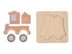 Wooden fire truck puzzle with separate pieces and a matching board.