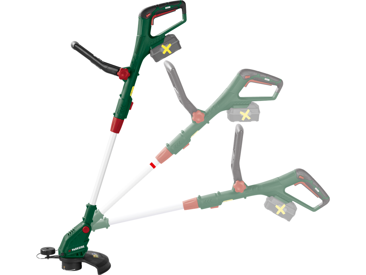 Akutrimmer reguleeritava käepideme ja peaga, näidatud kolmes erinevas asendis.