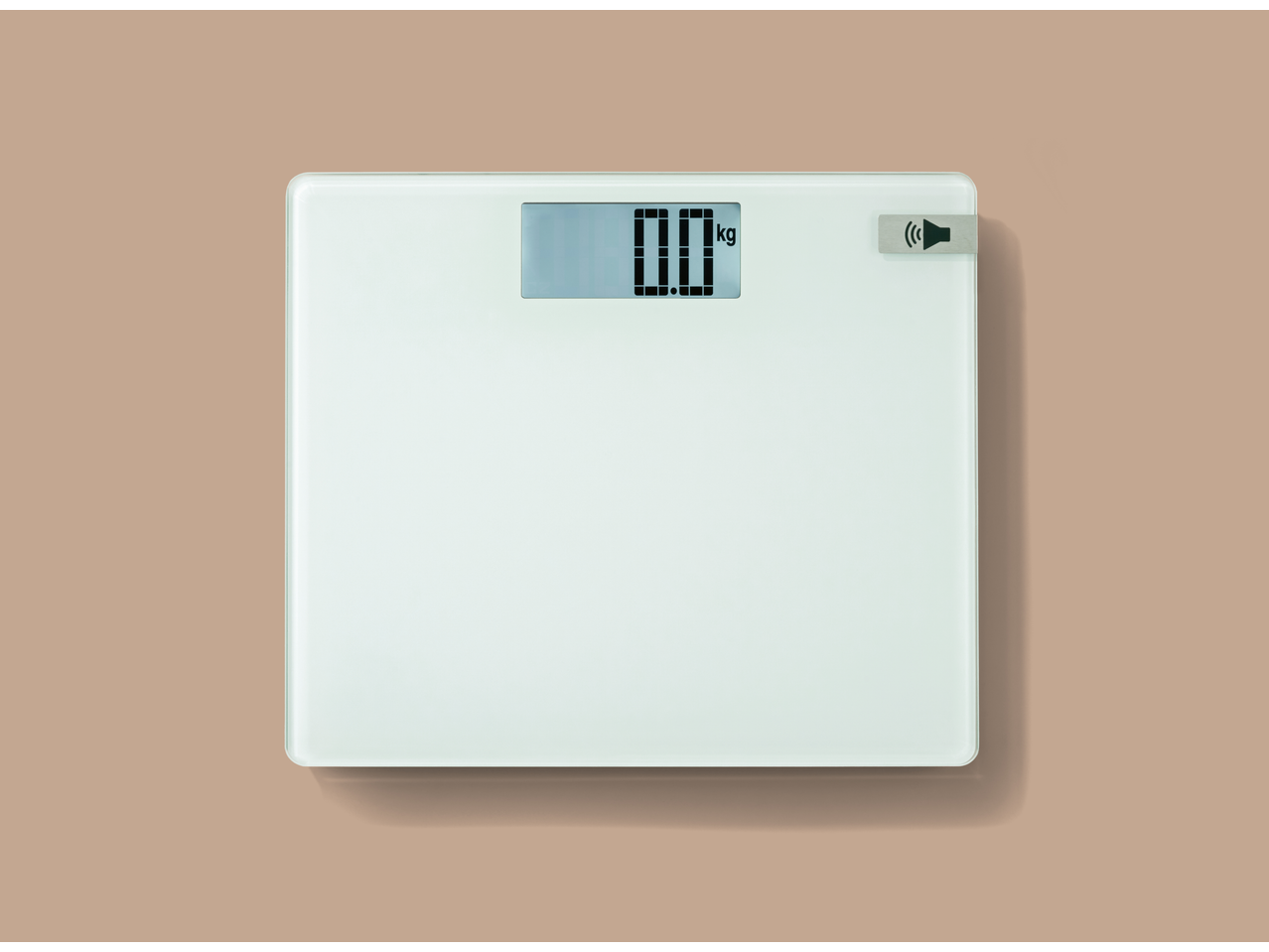 Cântar de baie digital LIVARNO cu funcție vocală, afișând 0.0 kg.