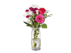 Gérberas, rosa e crisântemos em um vaso de vidro.