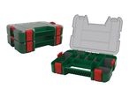 Two green and red organizer boxes, one stacked and one open with compartments.