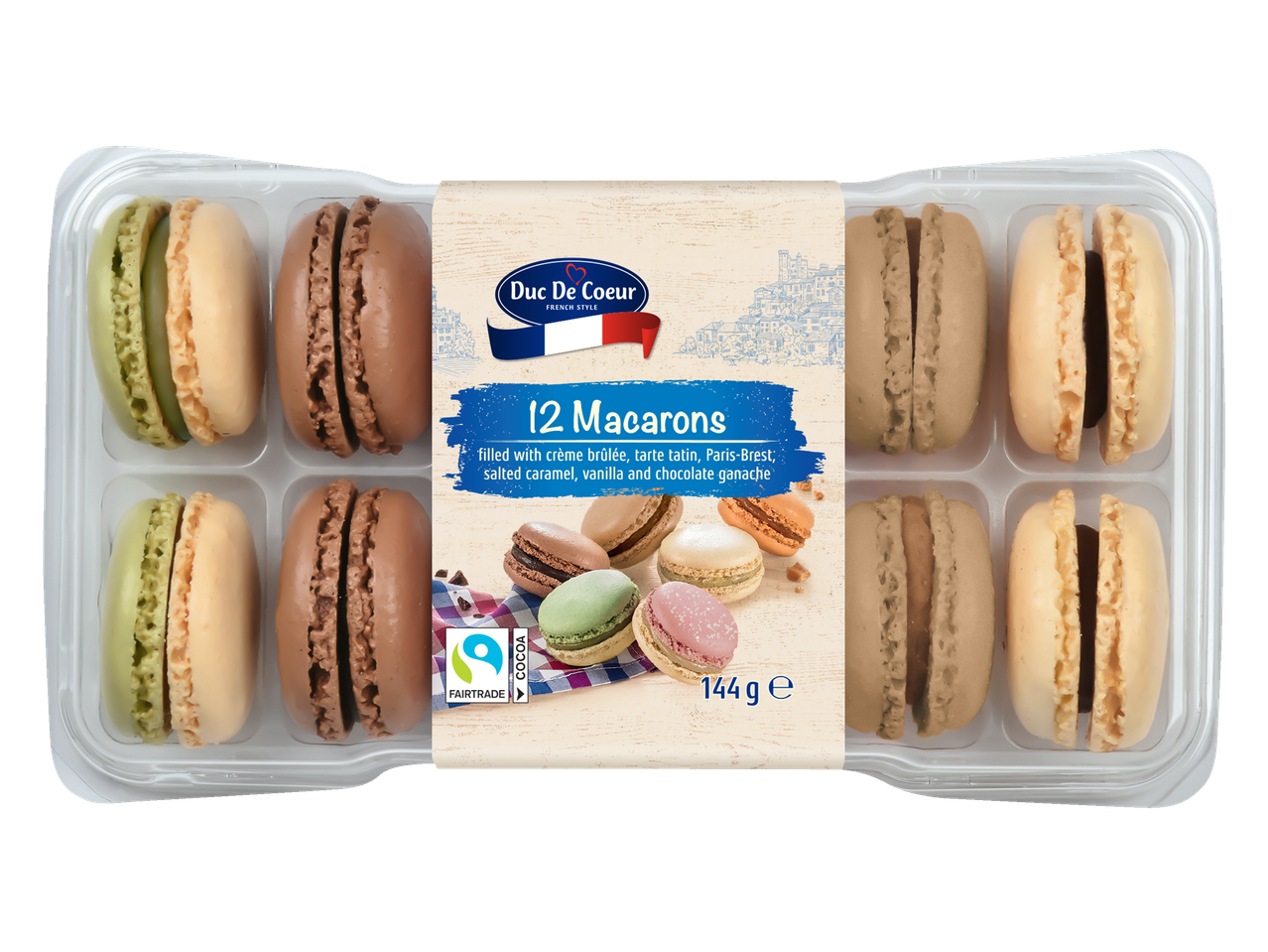 Duc de Coeur 12 Macarons with various fillings, including crème brûlée and chocolate ganache.