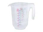Clear plastic measuring jug with red, blue, and green measurement markings for flour, sugar, and liquids.