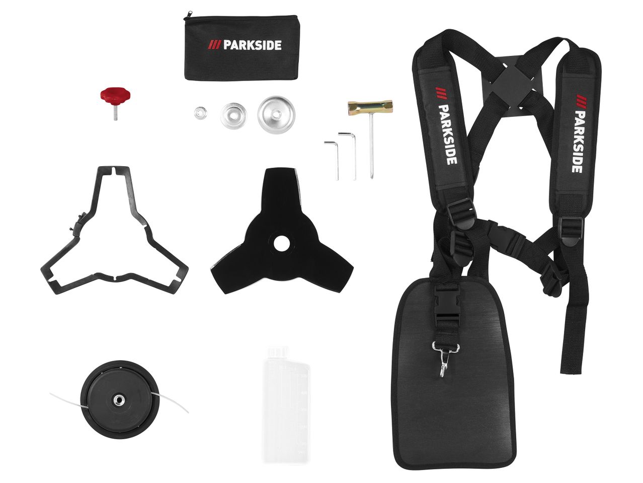 Accessori per decespugliatore Parkside, inclusi imbracatura, lame, filo e strumenti.