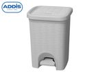 White plastic pedal bin with a woven rattan-style texture and a flat lid.