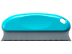 A teal and gray lint remover with a serrated edge.