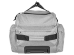 Grey wheeled travel bag with handle.
