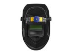 Top view of a black welding helmet with a blue adjustment knob.