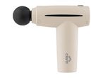 A beige massage gun with a black spherical attachment on a white background.