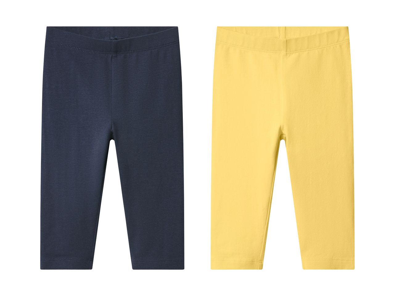 To par leggings til børn, et mørkeblåt og et gult, vist side om side.