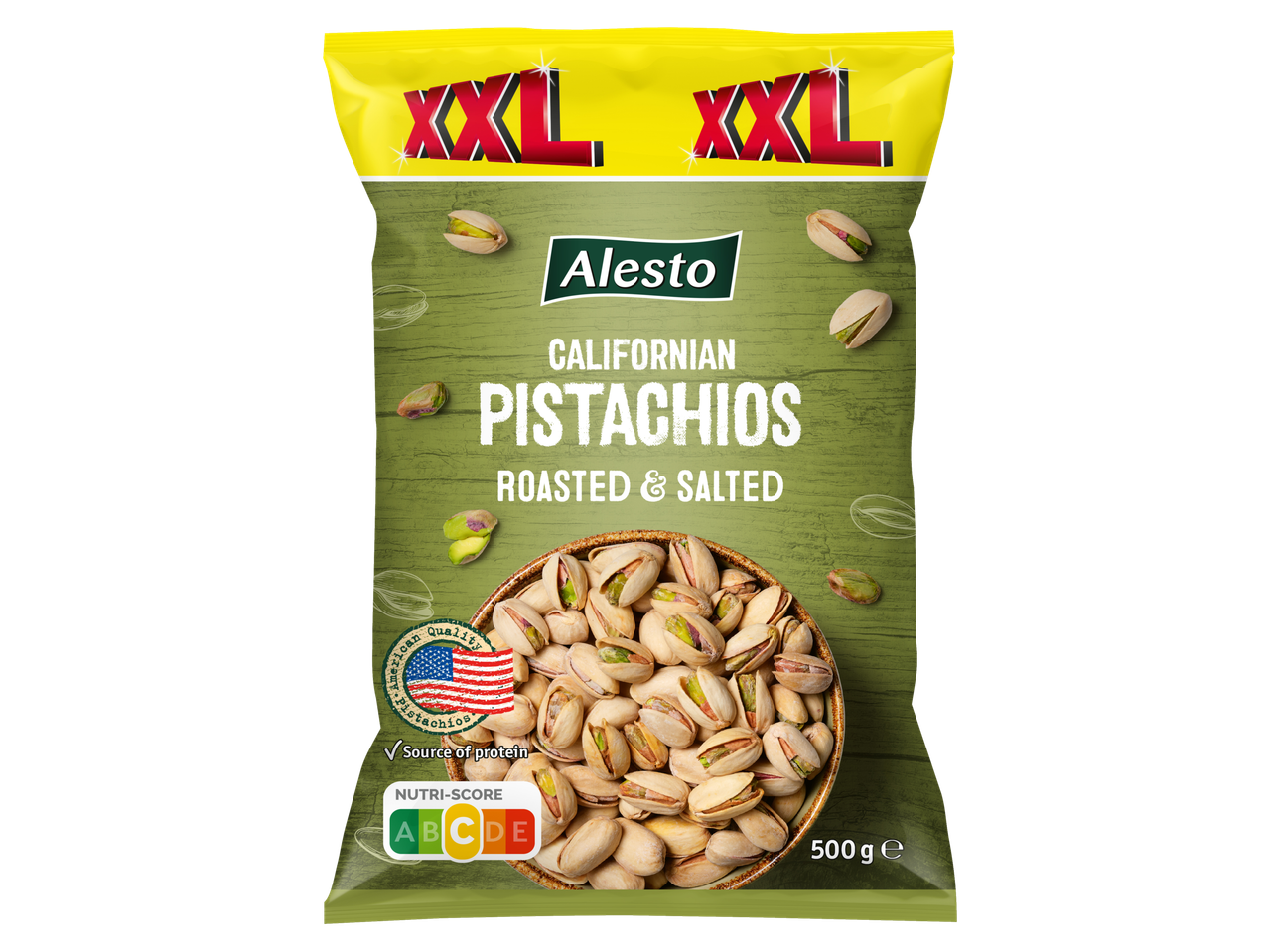 Pistaches californiennes Alesto, grillées et salées, en format XXL de 500g.