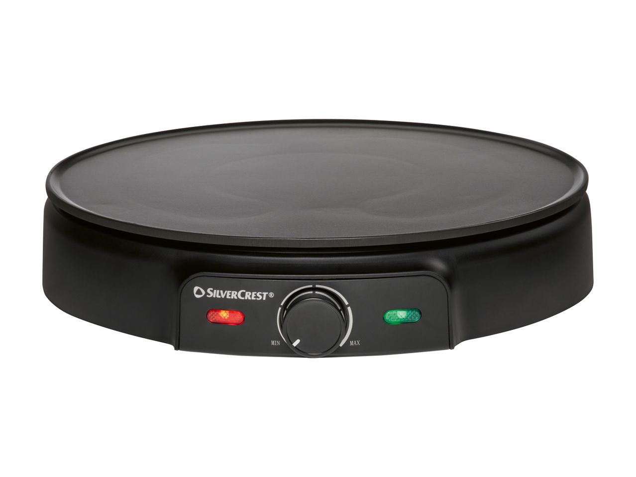 SilverCrest electric crepe maker with a black non-stick cooking surface
