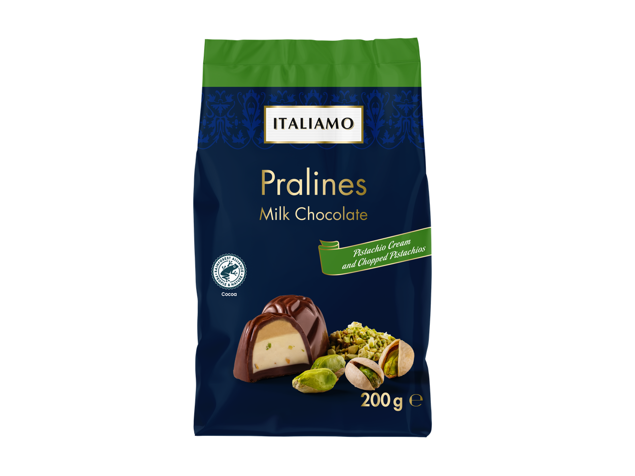 ITALIAMO Pralines Melkchocolade met pistachecrème en gehakte pistachenoten, 200g.