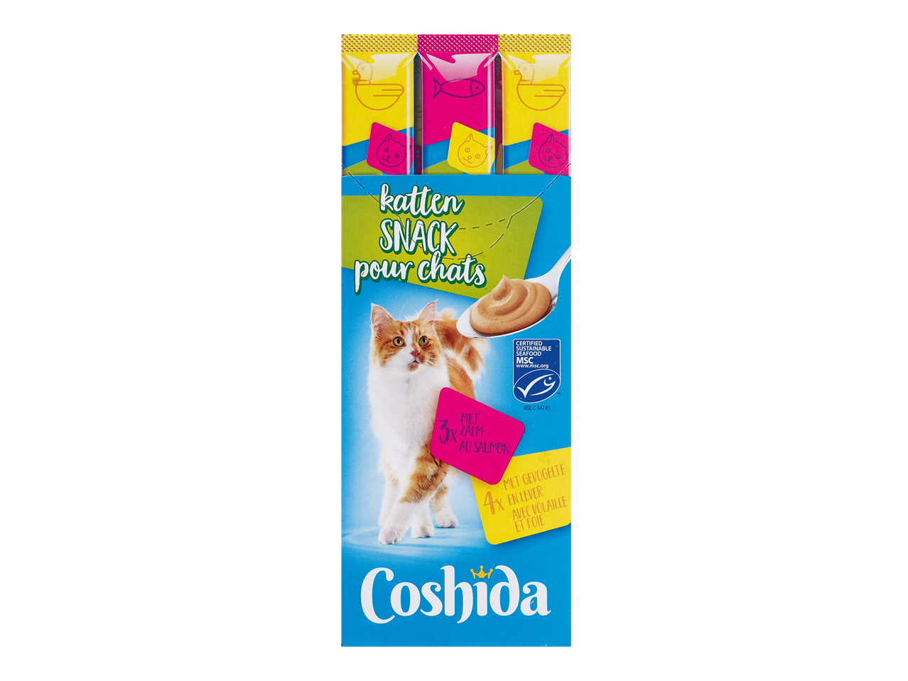 Snack liquide pour chats Coshida avec saumon et volaille.