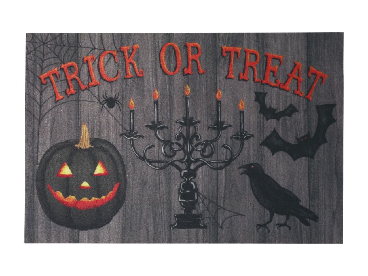 Halloween-themed doormat with a jack-o'-lantern, candelabra, bats, and a crow.