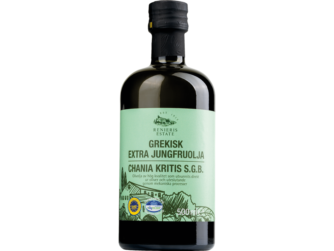 En flaska Grekisk extra jungfruolja från Altinea.