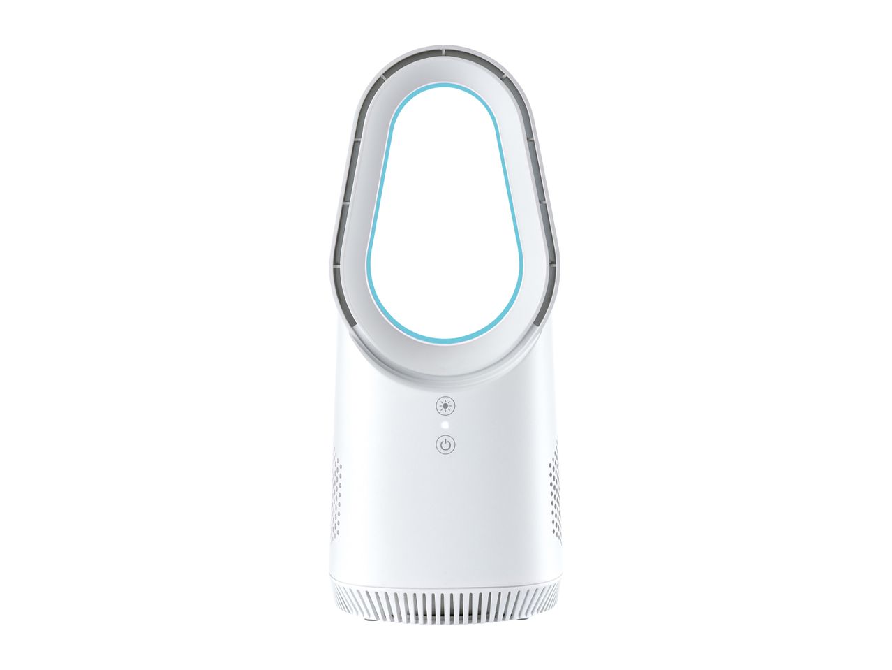 White bladeless fan with a light blue inner ring and control buttons on the front.