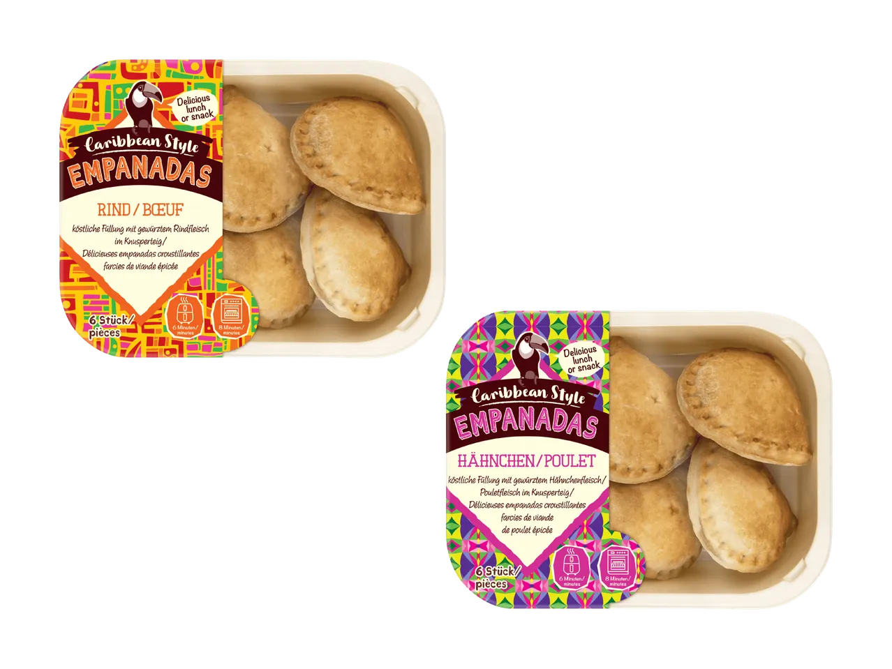 Due confezioni di empanadas in stile caraibico, una al manzo e una al pollo.