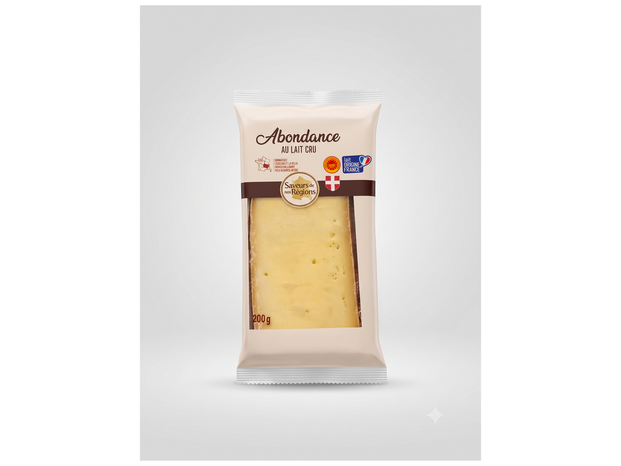 Fromage Abondance au lait cru de 200g, emballé, avec des logos d'origine française.